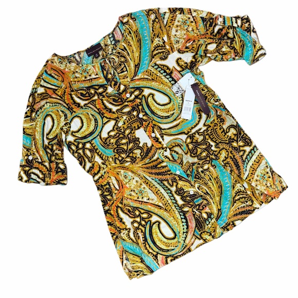 Dana Buchman Tops - Dana Buchman Women’s Size XL Gold and Blue Paisley Button Top NWT